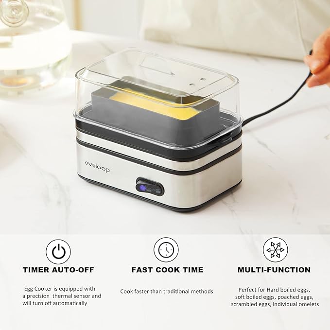Evoloop Rapid Electric Egg Cooker - 6 Eggs, Soft/Hard Boiled, Poacher, Omelet Maker, Auto Shut-Off, BPA Free