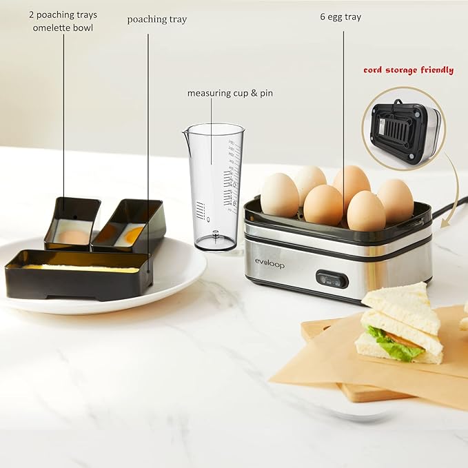 Evoloop Rapid Electric Egg Cooker - 6 Eggs, Soft/Hard Boiled, Poacher, Omelet Maker, Auto Shut-Off, BPA Free