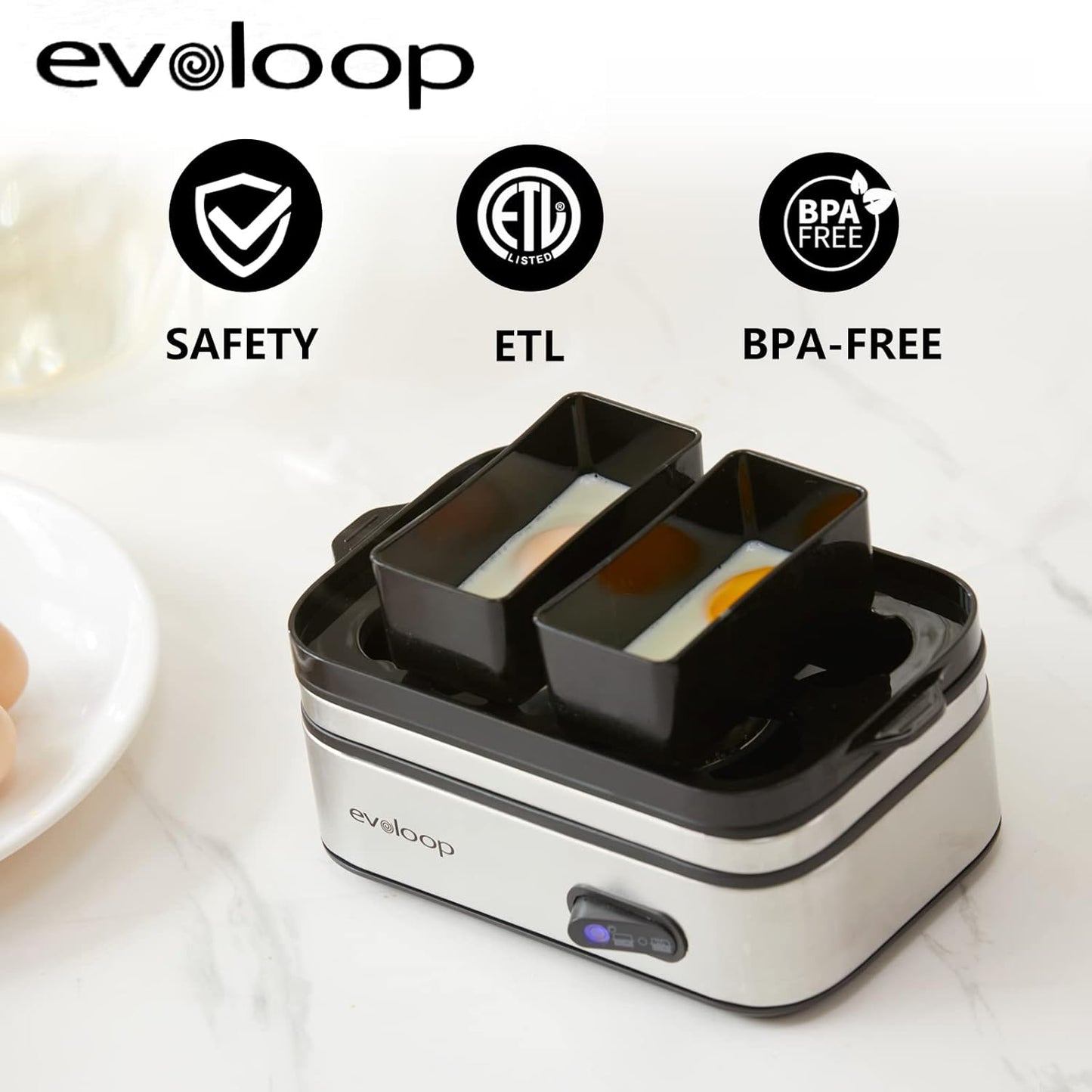 Evoloop Rapid Electric Egg Cooker - 6 Eggs, Soft/Hard Boiled, Poacher, Omelet Maker, Auto Shut-Off, BPA Free