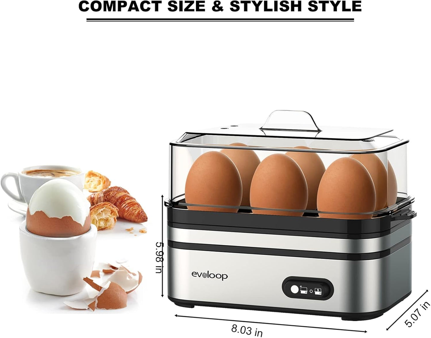 Evoloop Rapid Electric Egg Cooker - 6 Eggs, Soft/Hard Boiled, Poacher, Omelet Maker, Auto Shut-Off, BPA Free