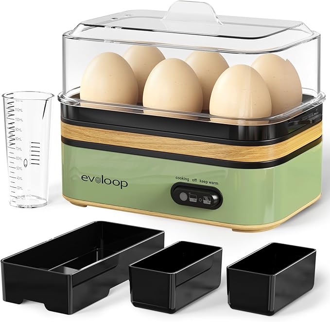 Evoloop Rapid Electric Egg Cooker - 6 Eggs, Soft/Hard Boiled, Poacher, Omelet Maker, Auto Shut-Off, BPA Free