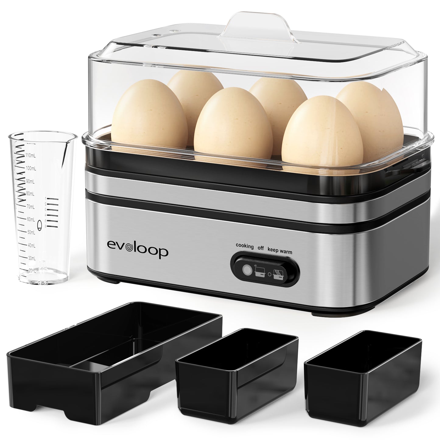 Evoloop Rapid Electric Egg Cooker - 6 Eggs, Boiled Eggs, Poacher, Omelet Maker, Auto Shut-Off, BPA Free