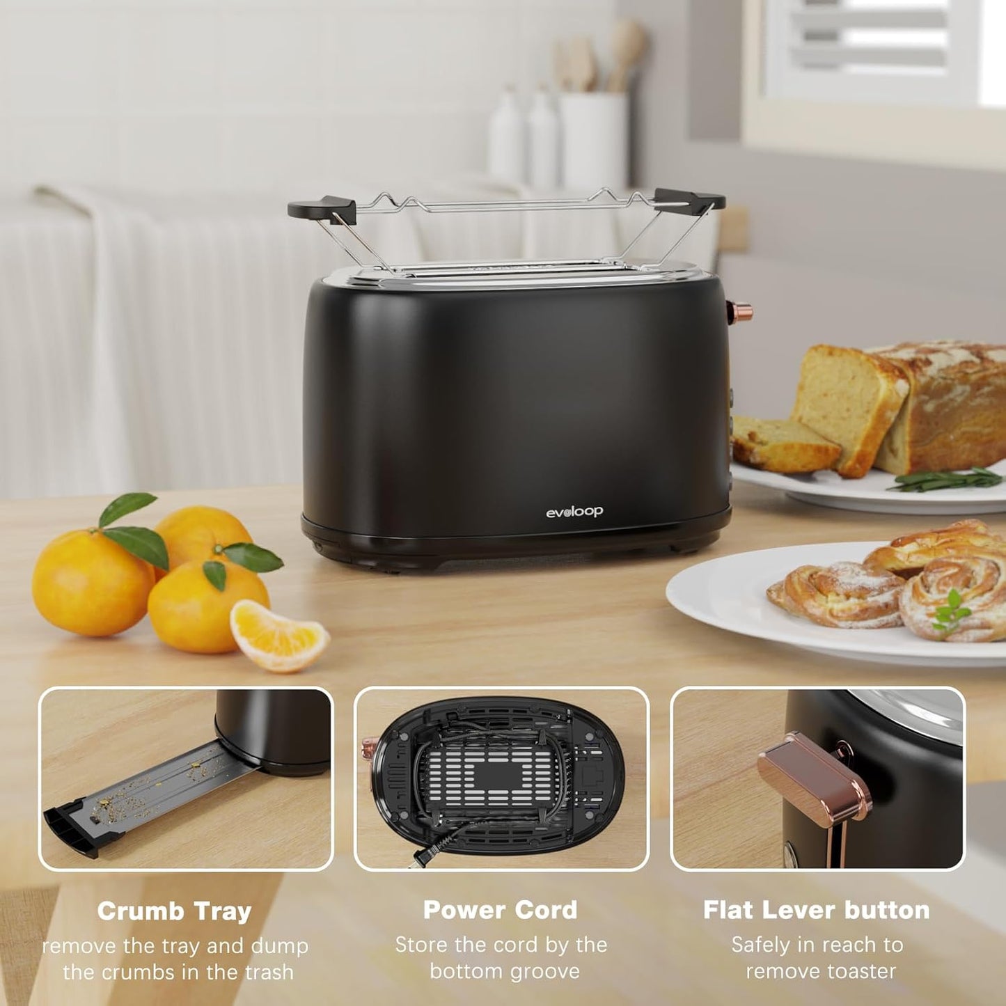 Evoloop Toaster 2 Slice, Stainless Steel Bread Toasters, 6 Bread Shade Settings, Reheat, Bagel, Defrost, Cancel Function, KY-856