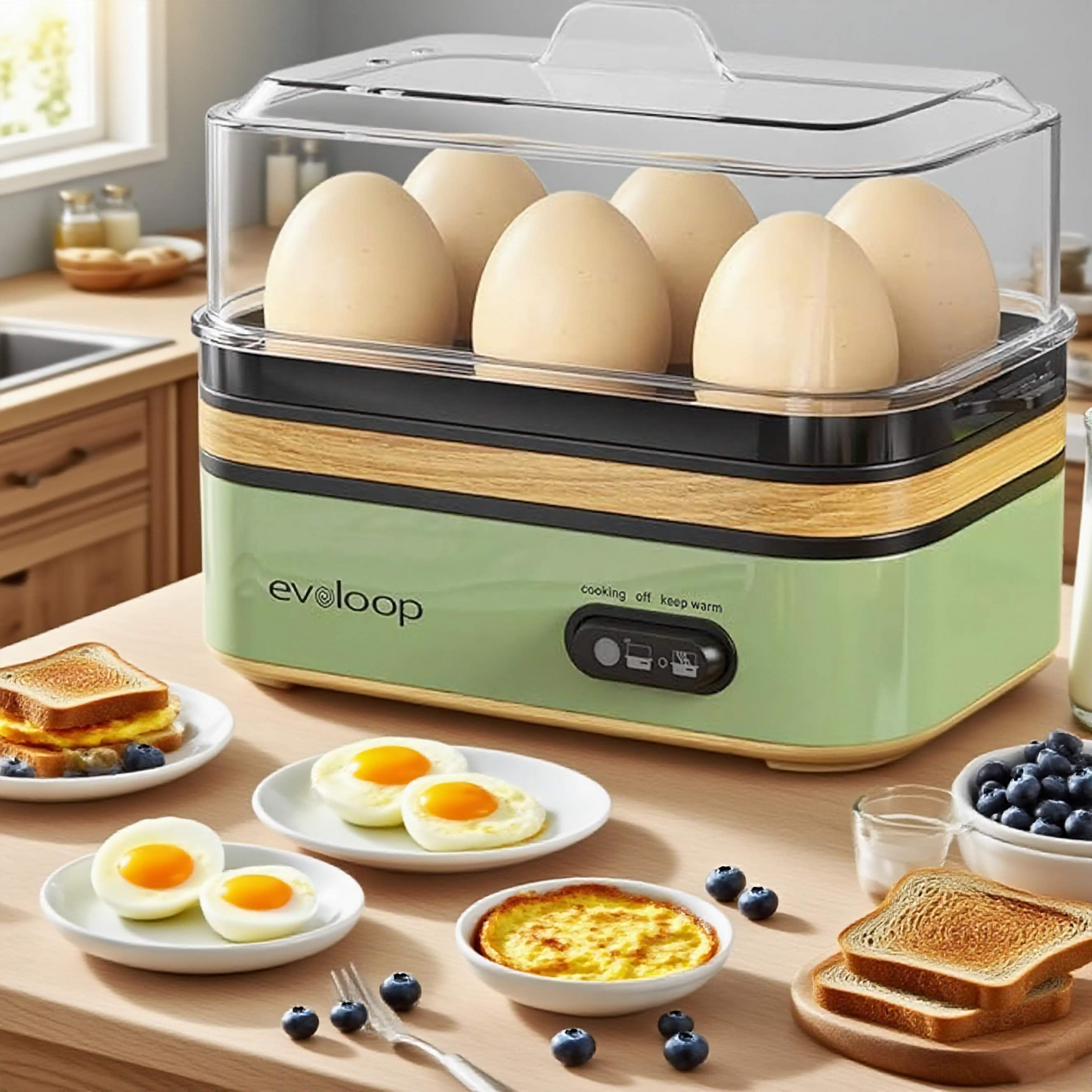 Evoloop Rapid Electric Egg Cooker - 6 Eggs, Soft/Hard Boiled, Poacher, Omelet Maker, Auto Shut-Off, BPA Free