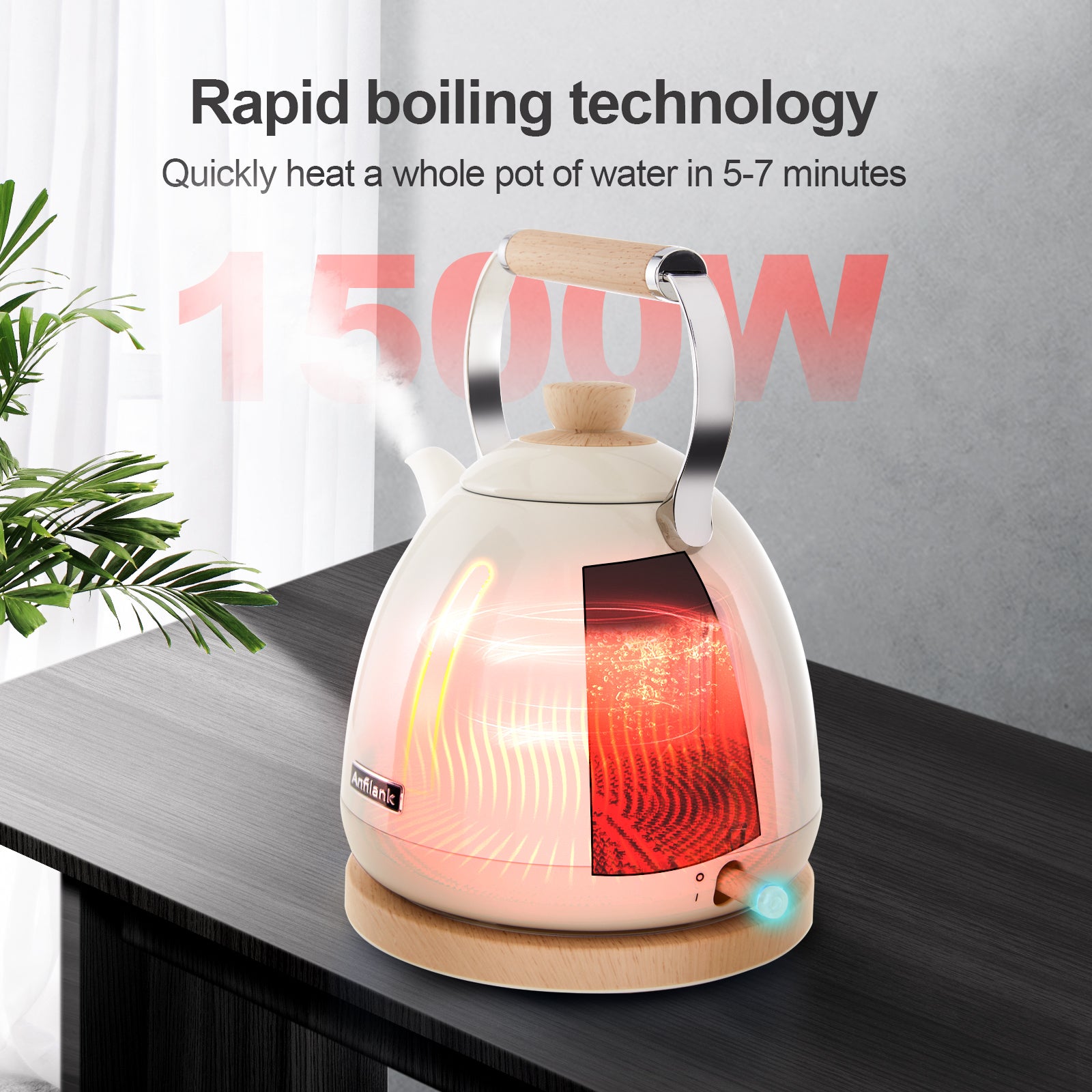 Anfilank 1.7L Cordless Electric Kettle, Stainless Steel Tea Kettle with Water window And LED Light, Auto Shut-off, JK-150