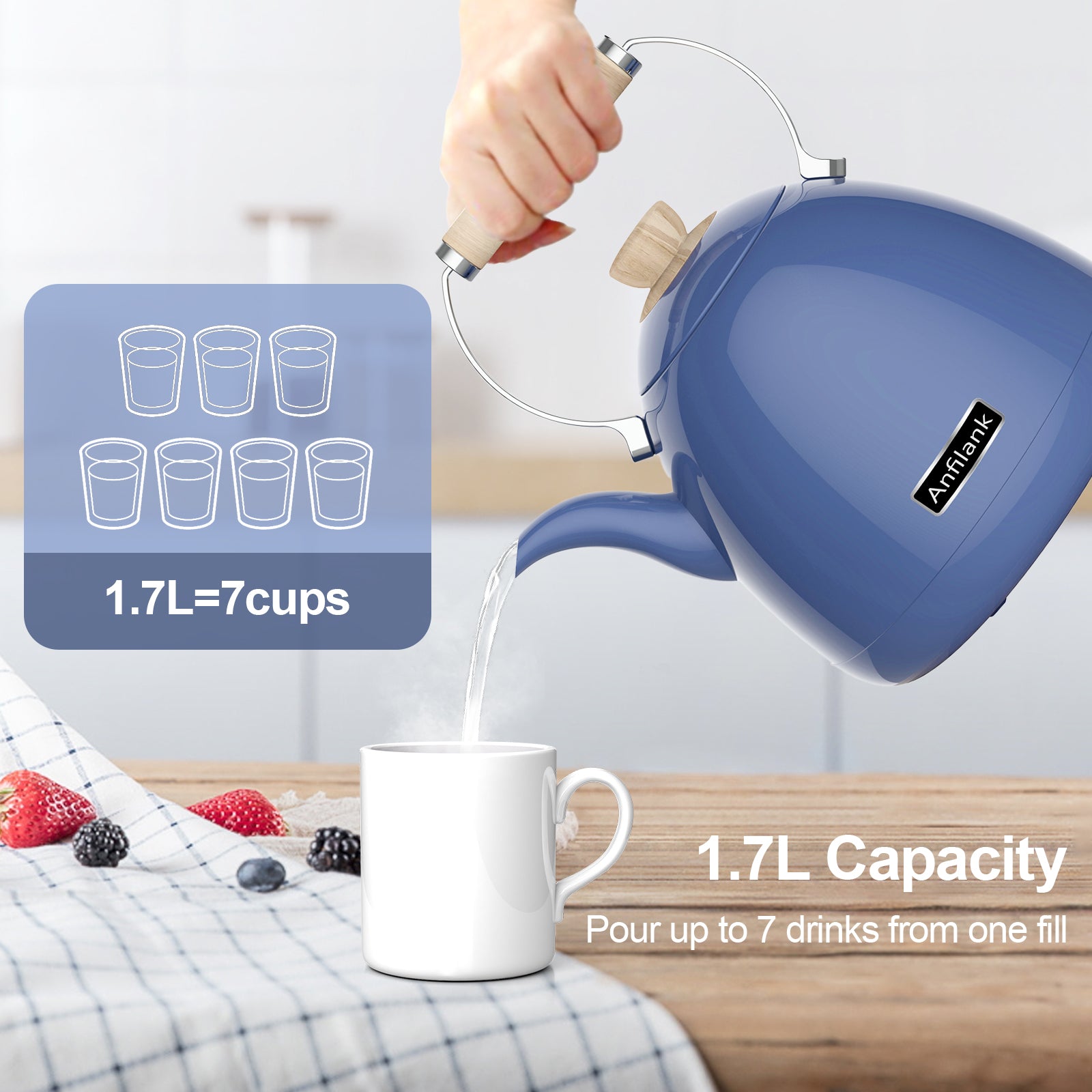 Anfilank 1.7L Cordless Electric Kettle, Stainless Steel Tea Kettle with Water window And LED Light, Auto Shut-off, JK-150