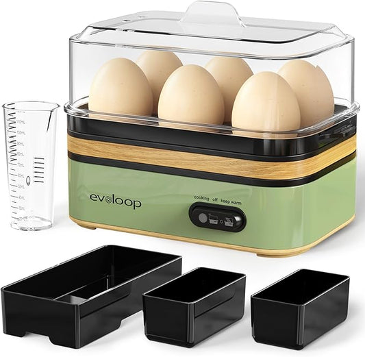 Evoloop Rapid Electric Egg Cooker - 6 Eggs, Soft/Hard Boiled, Poacher, Omelet Maker, Auto Shut-Off, BPA Free