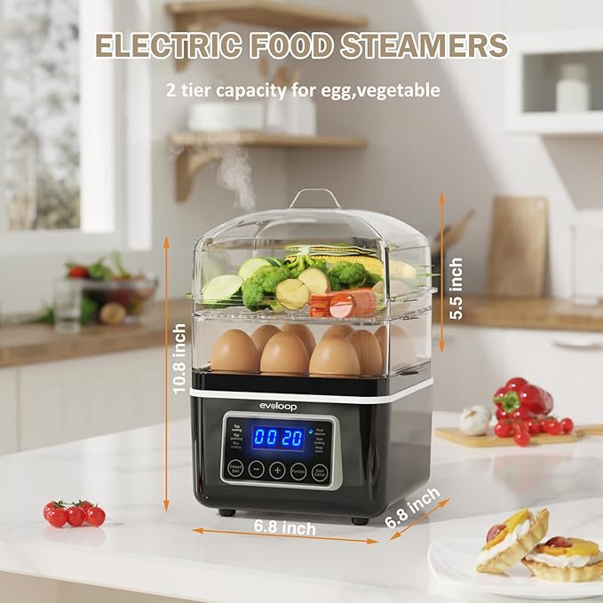 2 Tiers Electric Food Steamer for Cooking, Digital Multi Vegetable Steamer, BPA-Free, Stackable Baskets, Auto Shut-Off, Ideal for Veggies/ Seafood/ Rice