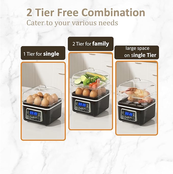 2 Tiers Electric Food Steamer for Cooking, Digital Multi Vegetable Steamer, BPA-Free, Stackable Baskets, Auto Shut-Off, Ideal for Veggies/ Seafood/ Rice