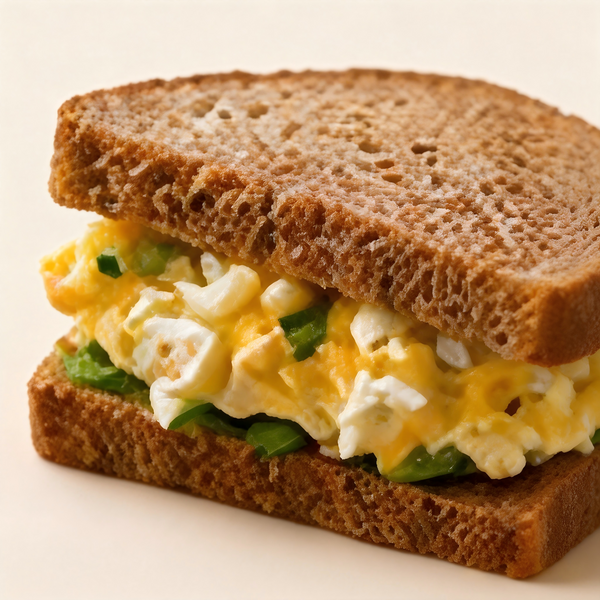 Homemade egg salad sandwich with creamy egg filling on whole wheat bread

