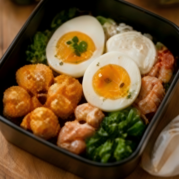 Healthy bento box with ramen egg prepared using compact egg cooker


