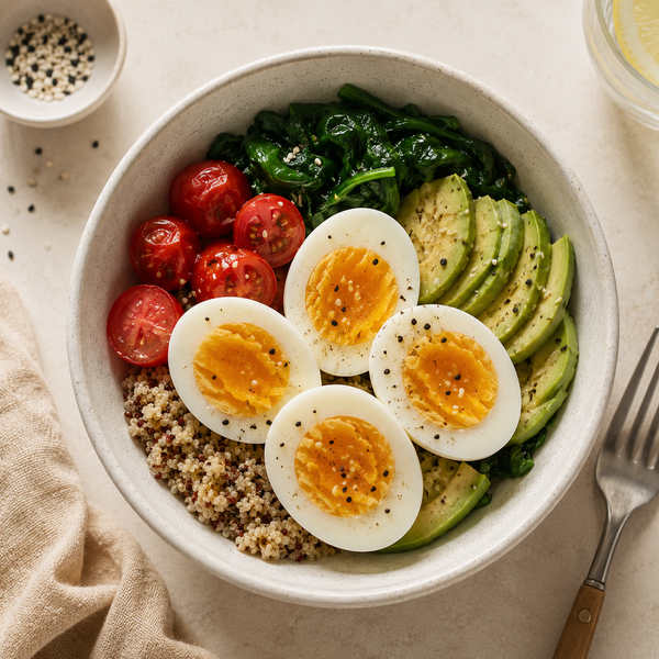 Protein bowl recipe featuring perfectly cooked eggs from a rapid egg cooker

