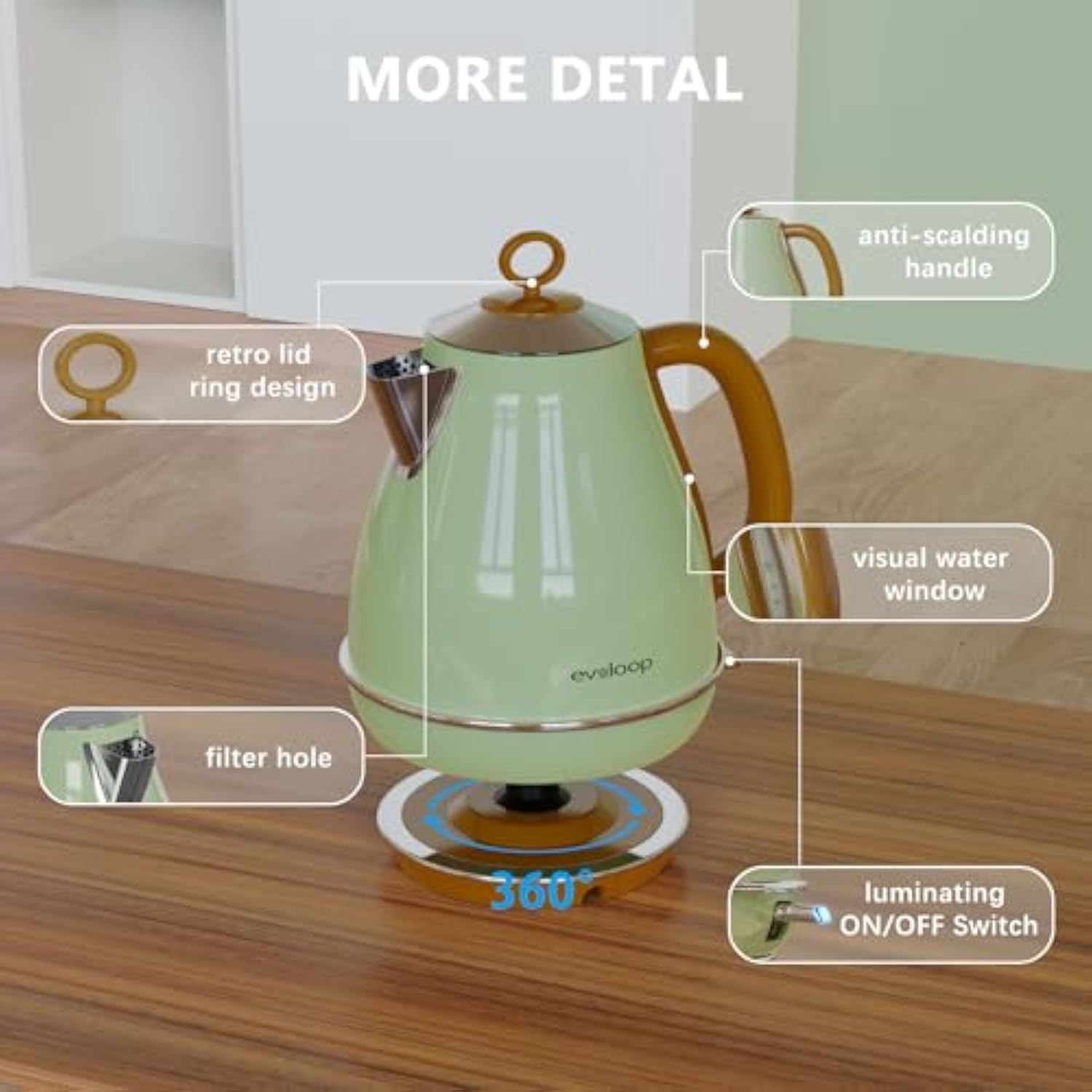 Evoloop 1.7L Fast Boiling Electric Kettles, Hot Water Tea Kettle, Hot Water Boiler Heater, Stainless Steel Teapot