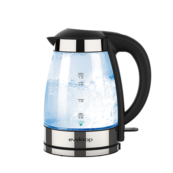 Evoloop Electric Tea Kettle 1.7L Hot Water Boiler, 1500W Glass Water Kettle with Auto Shut-Off & Boil Dry Protection, JK-108D